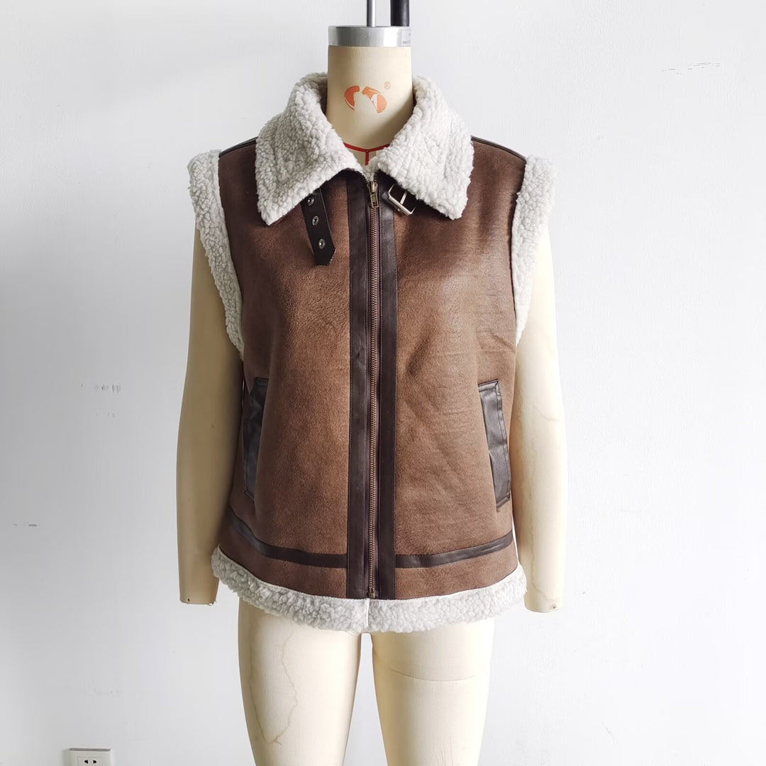 Damen nan wattierte Lammfellimitat-Weste mit großem Sherpa-Kragen, Reißverschluss und Eingrifftaschen Drune