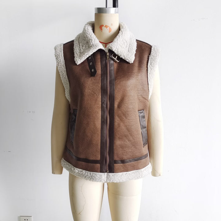 Damen nan wattierte Lammfellimitat-Weste mit großem Sherpa-Kragen, Reißverschluss und Eingrifftaschen Drune