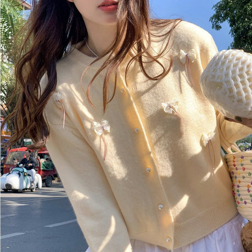 Damen Kawaii Strickjacke mit dekorativen Schleifen und Perlen Drune