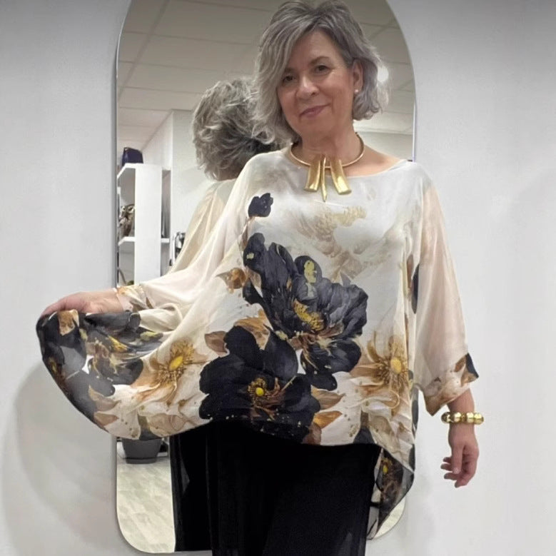 Damen nan elegante Chiffon-Tunika mit Fledermausärmeln und asymmetrischem Saum Drune