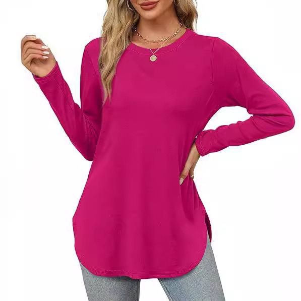 Damen Lässiges Longsleeve-Tunikaoberteil mit Rundhalsausschnitt, Seitenschlitzen und Aquarell-Blattprint Drune