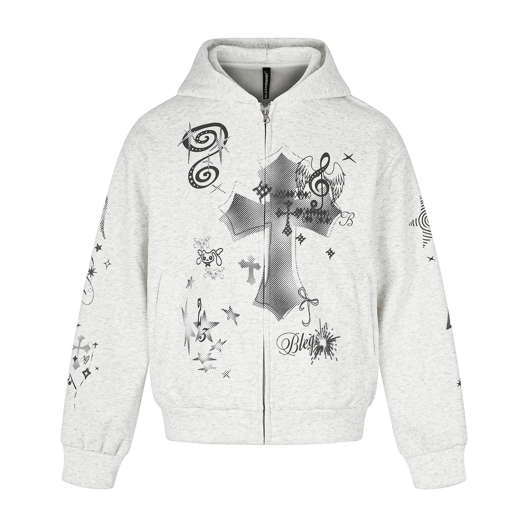 Unisex Bedruckte Kapuzen‑Zipjacke im lässigen Boxy‑Cut mit durchgehendem Reißverschluss Drune