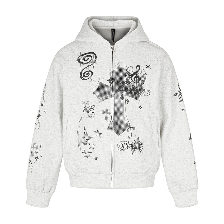 Unisex Bedruckte Kapuzen‑Zipjacke im lässigen Boxy‑Cut mit durchgehendem Reißverschluss Drune