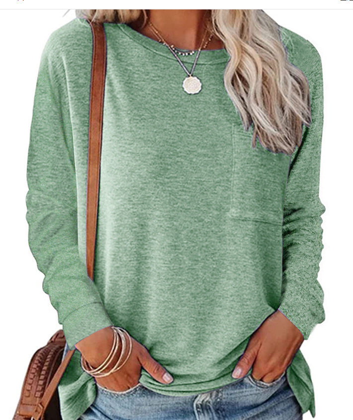 Damen lässiges Langarmshirt mit Taschen und Rundhalsausschnitt Drune