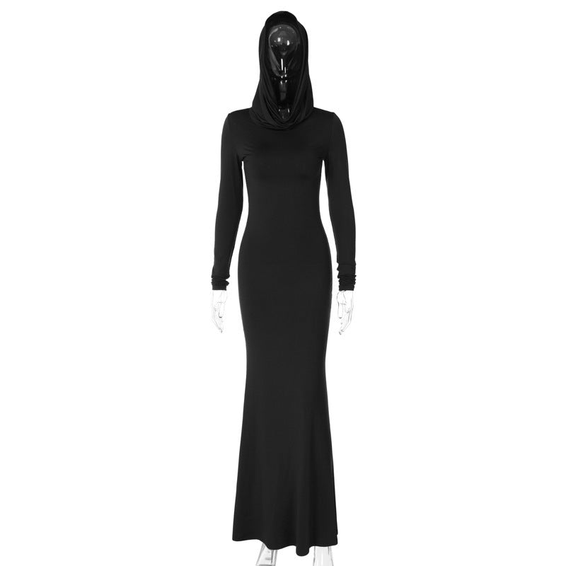 Damen Langarm-Maxis Kleid mit Kapuze aus hochwertigem Stretchmaterial Drune