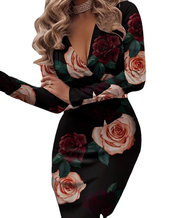 Damen Figurbetontes Wickel‑Midikleid mit tiefem V‑Ausschnitt und Rosenprint Drune