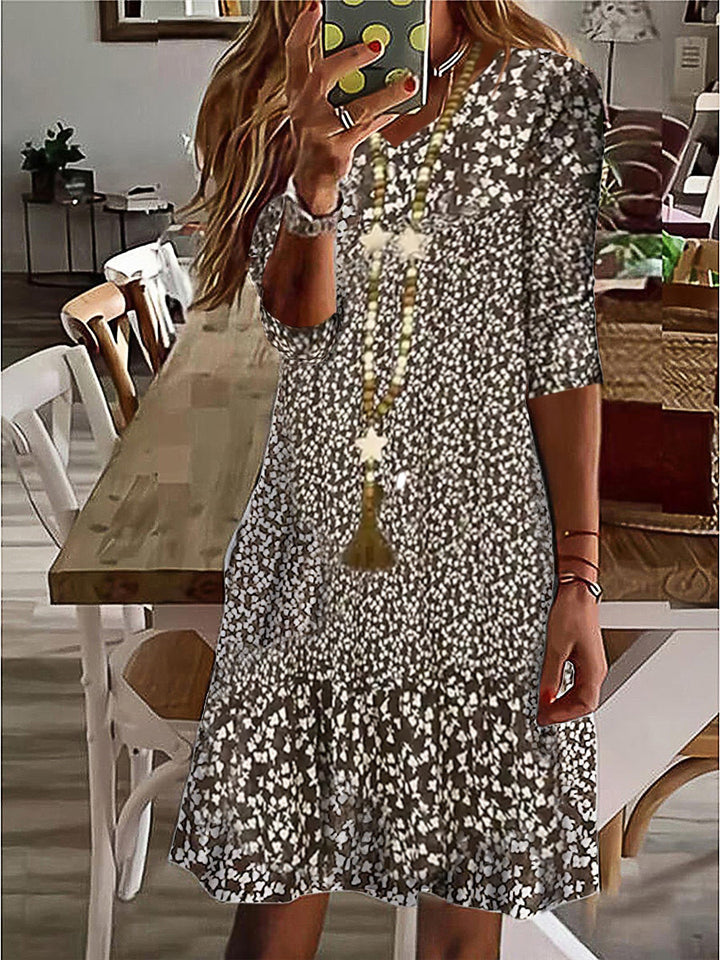 Damen Casual Midi Kleid mit Rüschensaum, Dreiviertelarm und Blumendruck Drune