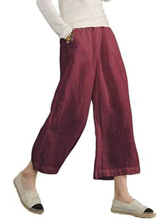 Damen weite Leinenhose mit seitlichen Taschen und elastischem Bund Drune
