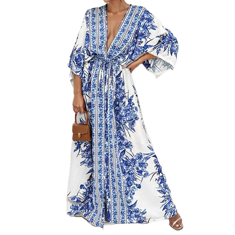 Damen Fließendes Maxikleid mit floralem Design und weiten Ärmeln Drune