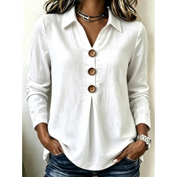 Damen Langarm-Bluse mit Holzknopfleiste und Vorderfalte Drune
