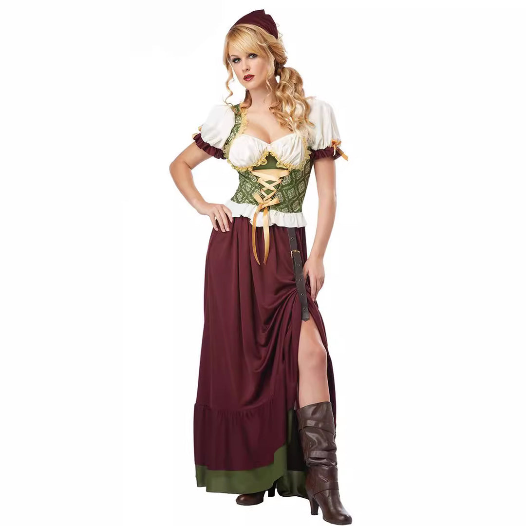 Damen nan geschnürtes Mittelalterkleid mit Corsagenmieder, Puffärmeln und hohem Rockschlitz Drune