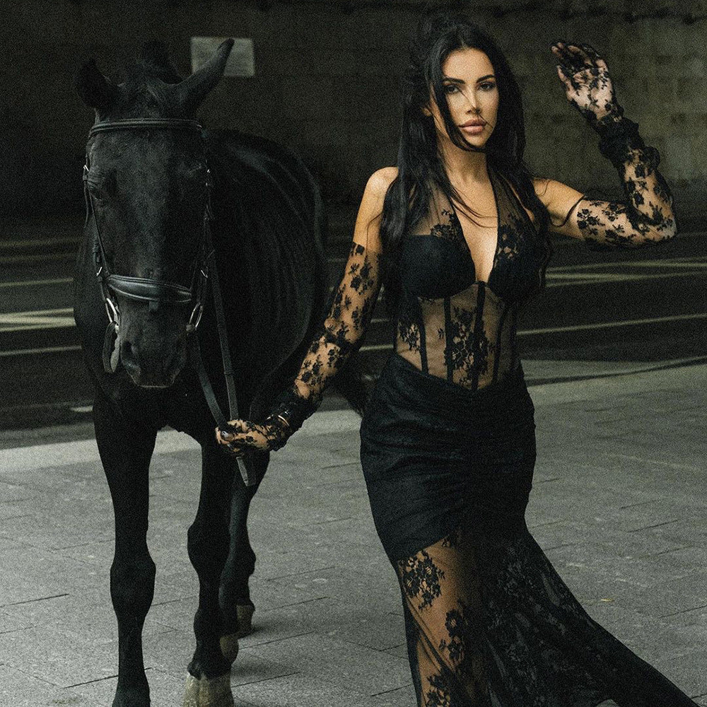 Damen elegantes Spitzenkleid mit langem Ärmel und raffinierten Falten Drune