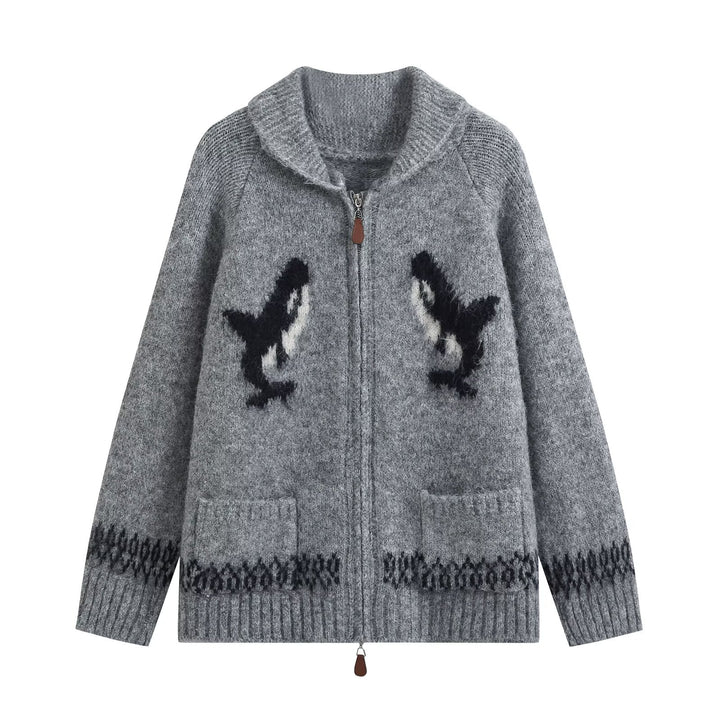 Damen Grobgestrickte Zip-Cardigan mit Schalkragen und Intarsienmotiv Drune
