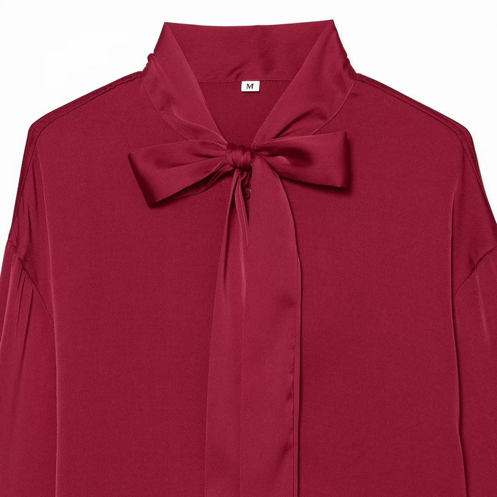 Damen Seidenähnliche Bluse mit Bindeschleife, Oversize-Schnitt und verdeckter Knopfleiste Drune