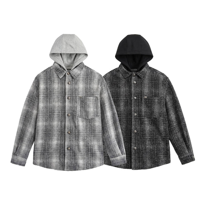 Herren Kapuzen-Overshirt im Wollmix mit Karomuster und aufgesetzter Brusttasche Drune