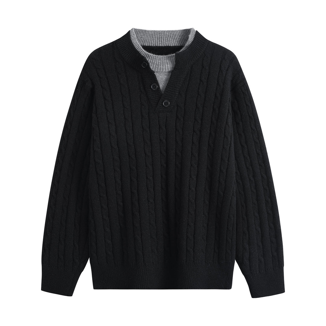 Damen Oversize Zopfstrick-Pullover mit Henley‑Kragen und Kontrastinnenkragen Drune