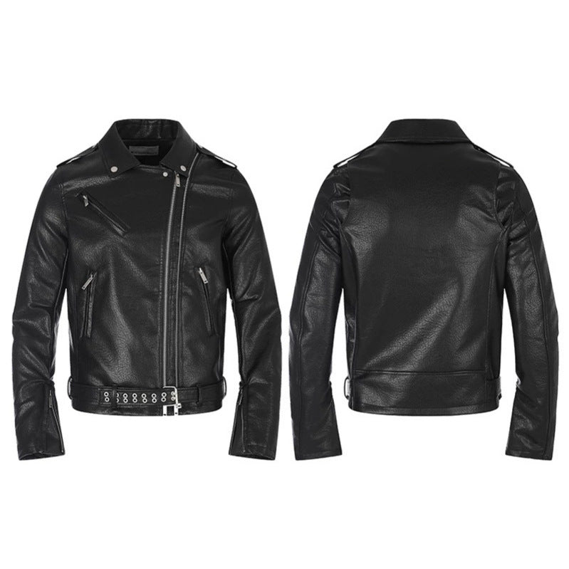 Herren taillierte Bikerjacke aus Kunstleder mit asymmetrischem Reißverschluss und Nieten-Taillengürtel Drune
