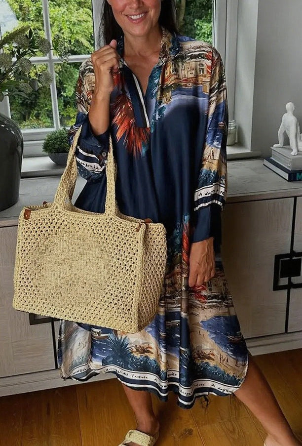 Damen nan Seidenoptik-Hemdkleid im Kaftanstil mit illustrativem Küstenprint Drune