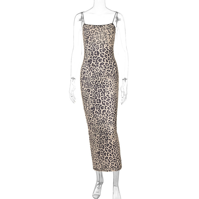 Damen Leoprint Maxikleid mit verstellbaren Spaghetti-Trägern Drune