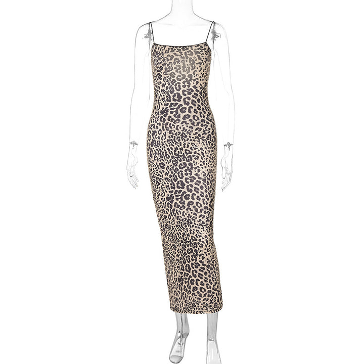 Damen Leoprint Maxikleid mit verstellbaren Spaghetti-Trägern Drune