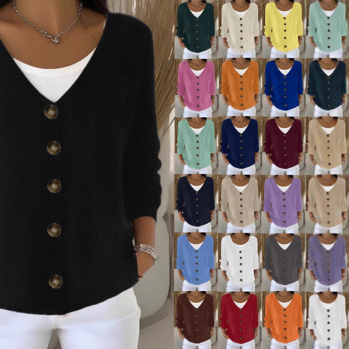 Damen Lockerer V-Ausschnitt Feinstrick-Cardigan mit Holzknopfleiste Drune