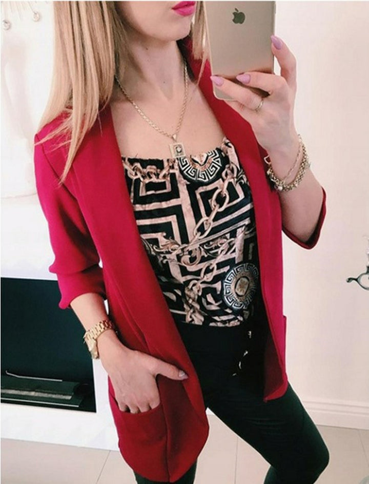 Damen Leichter Offener Cardigan-Blazer, dreiviertelärmelig mit Eingrifftaschen Drune