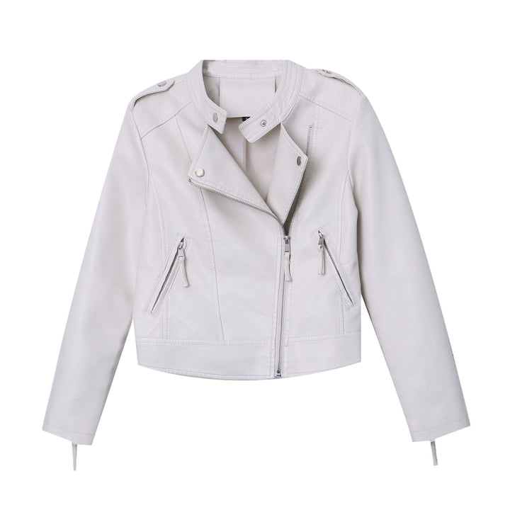 Damen kunstleder Übergangsjacke mit asymmetrischem Reißverschluss und dekorativen Knöpfen Drune