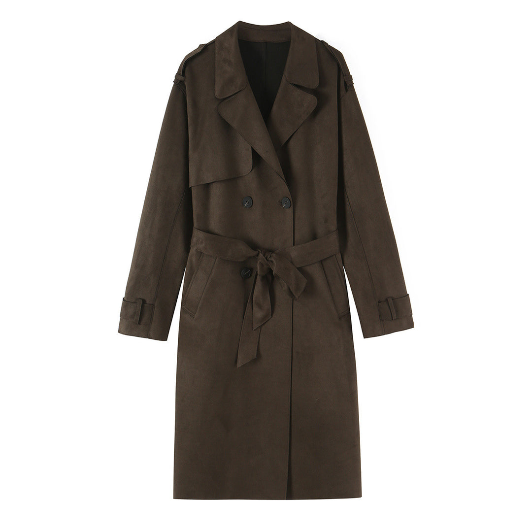Damen Lang geschnittener Trenchcoat aus Velourslederoptik mit Bindegürtel Drune