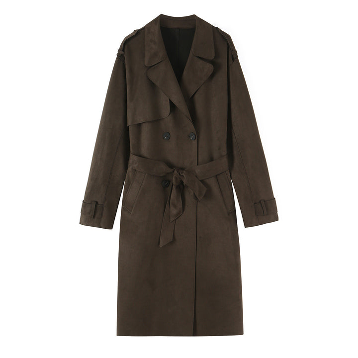 Damen Lang geschnittener Trenchcoat aus Velourslederoptik mit Bindegürtel Drune