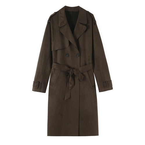 Damen Lang geschnittener Trenchcoat aus Velourslederoptik mit Bindegürtel Drune