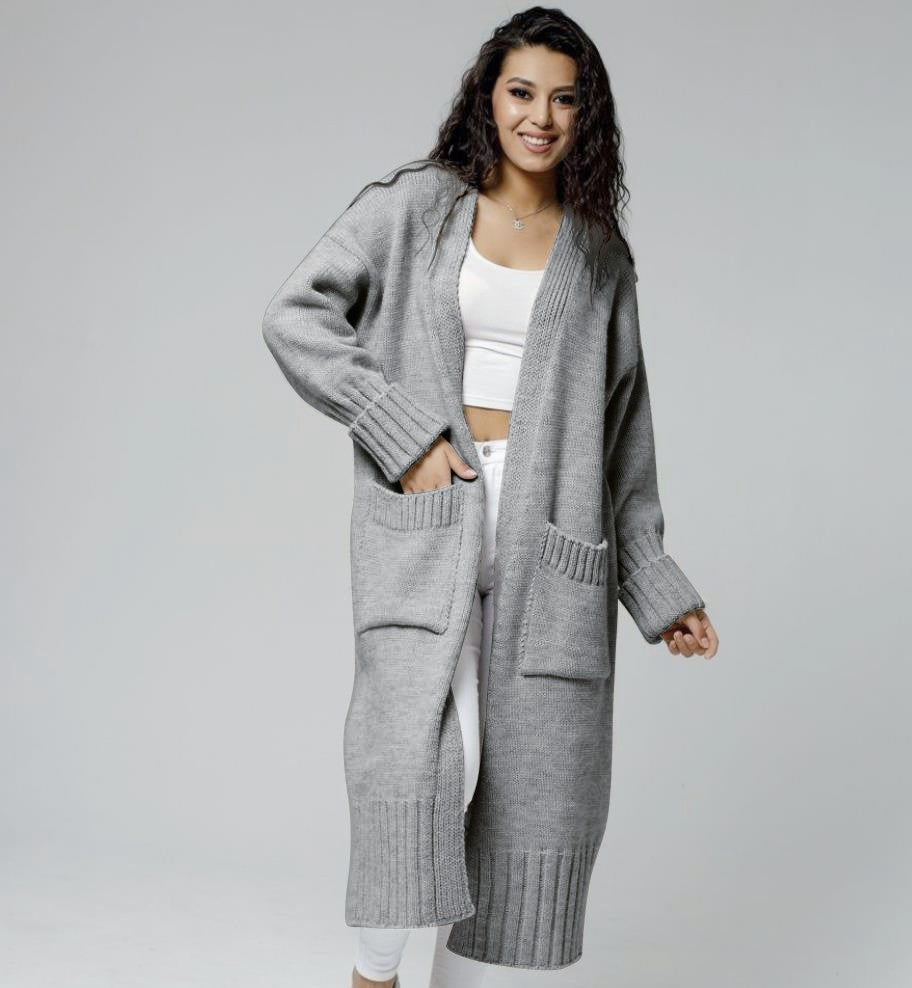 Damen bequemer langer Strickcardigan mit Taschen und breiten Ärmeln Drune