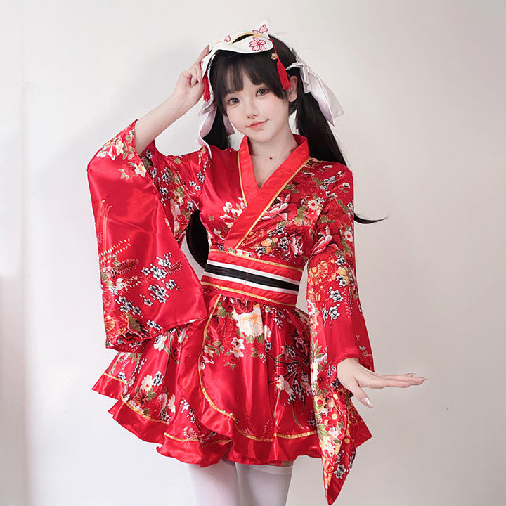 Damen Kimono-Kleid mit eleganter Schärpe und weitem Ärmel Drune
