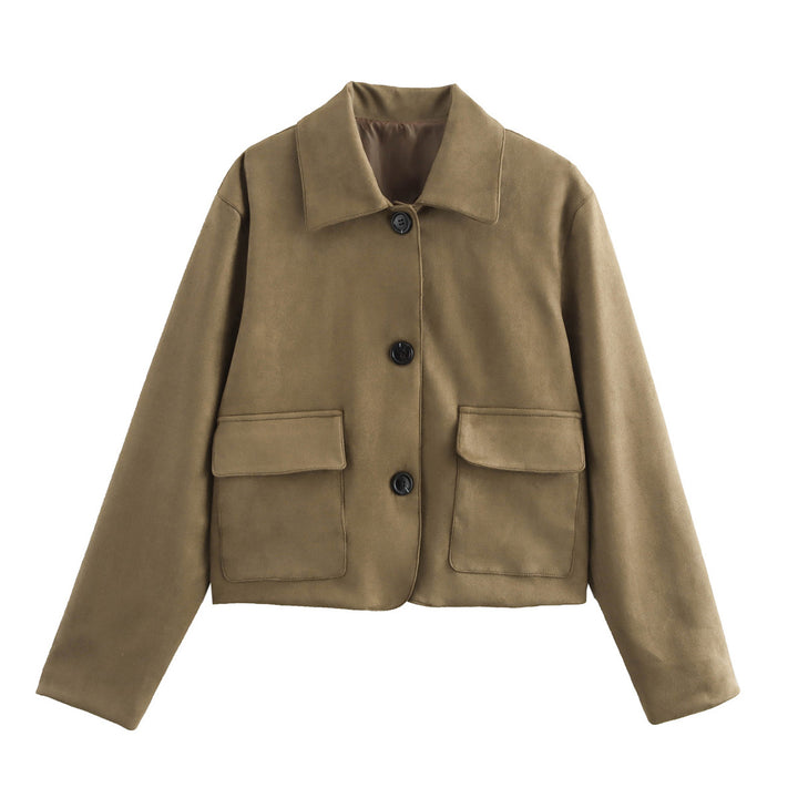Damen nan cropped Kurzjacke aus Veloursimitat mit Pattentaschen und Hemdkragen Drune