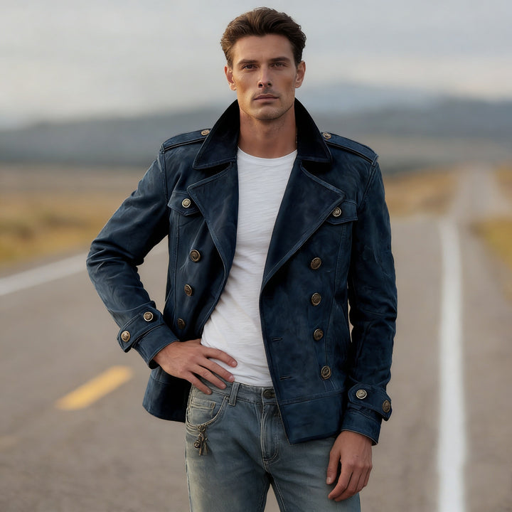 Herren Doppelreihige Lederjacke im Vintage-Look mit Schalkragen und Schulterklappen Drune