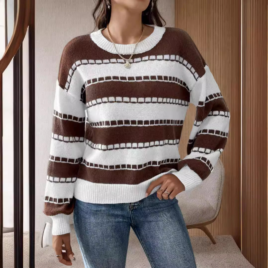 Damen modischer Grobstrickpullover mit breiten Streifen und lässigen Ärmeln Drune