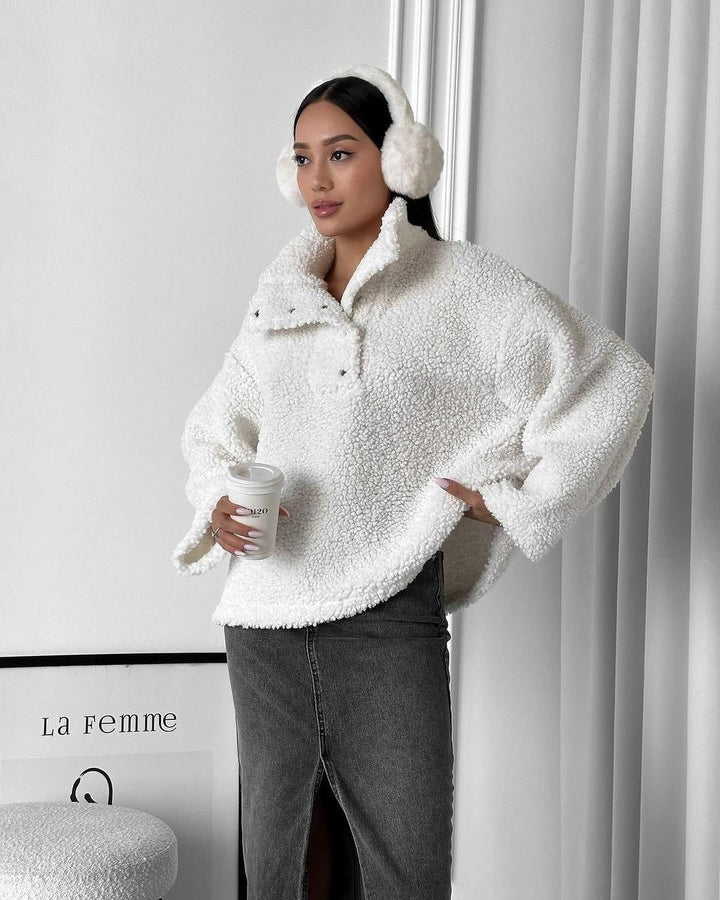 Damen Oversized Teddy-Pullover mit halber Druckknopfleiste und Stehkragen Drune