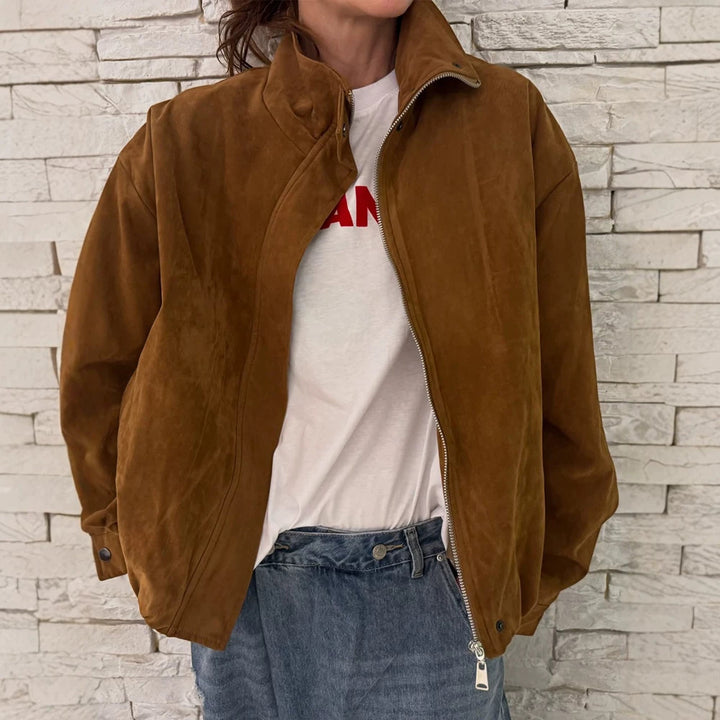 Damen Oversize Veloursleder-Blouson mit hohem Stehkragen und Metallreißverschluss Drune