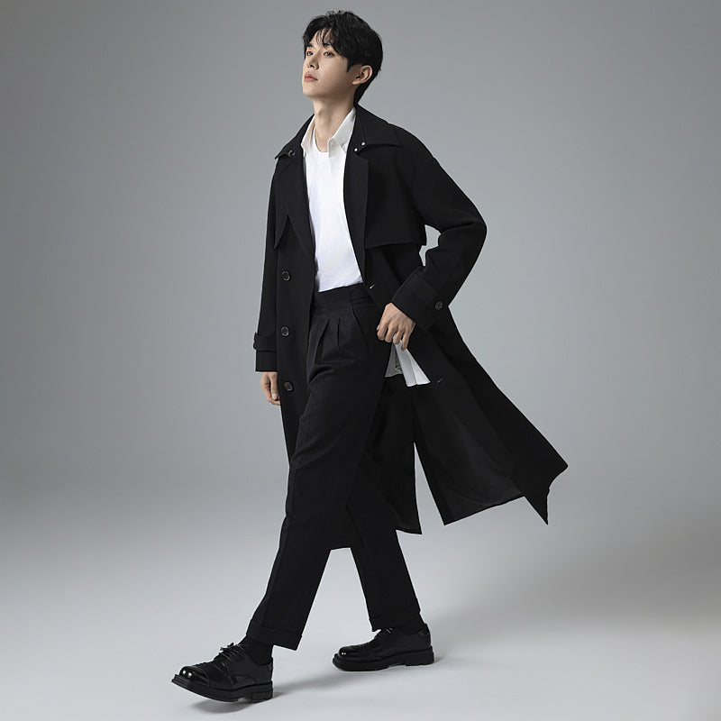 Herren Trenchcoat im minimalistischen Doppelreiher mit breitem Schalkragen und Taillengürtel Drune
