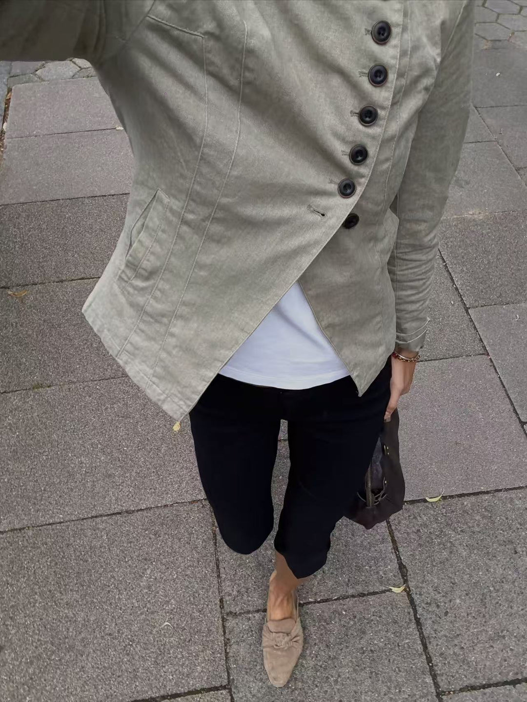 Damen Asymmetrische taillierte Leinen‑Optik Blazerjacke mit schräger Knopfleiste Drune