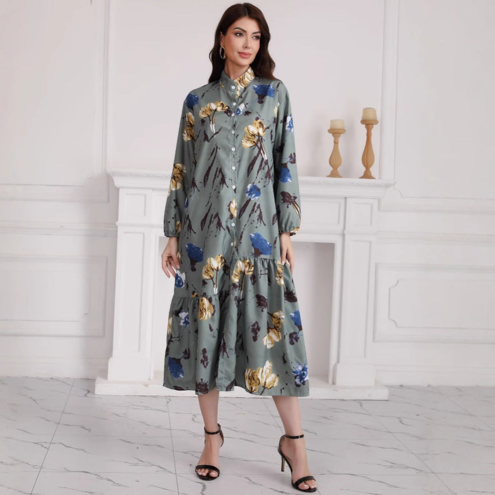 Damen Hemdblusenkleid mit Aquarell-Blumenprint, Stehkragen & Stufenrock Drune