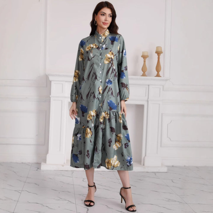 Damen Hemdblusenkleid mit Aquarell-Blumenprint, Stehkragen & Stufenrock Drune