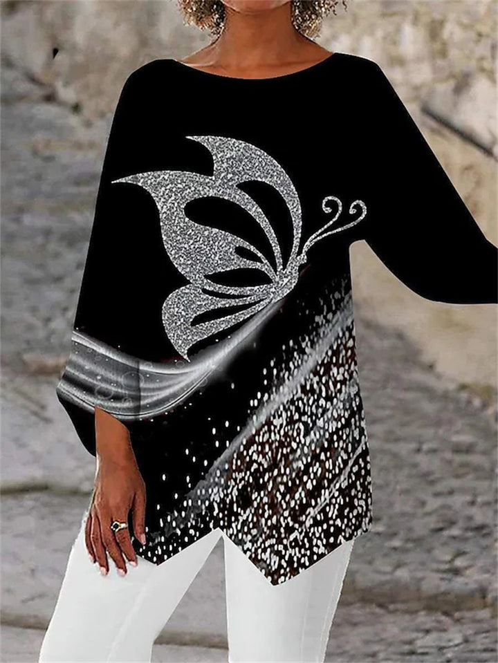 Damen asymmetrisches A-Linien-Tunika mit ornamentalem Druck und spitzem Saum Drune