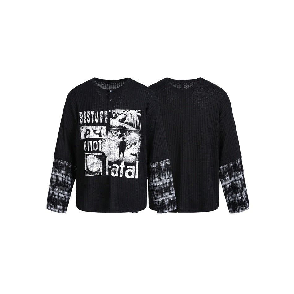 Herren Langarm-Rippstrick-Shirt mit Henley-Knopfleiste und kontrastierendem Grafikprint Drune