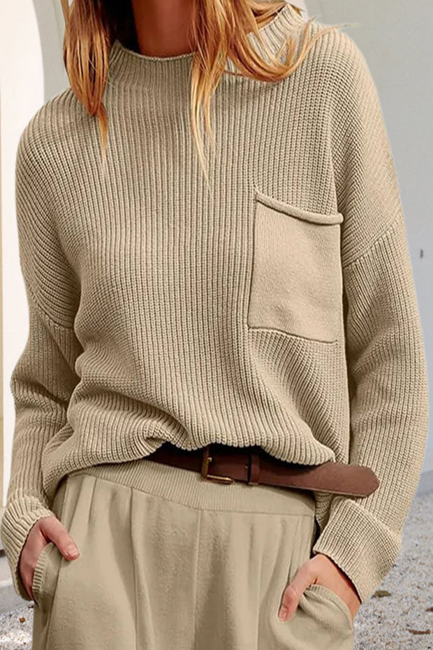 Drune Entspanntes Langarm-Taschen-Strick-Sweatshirt