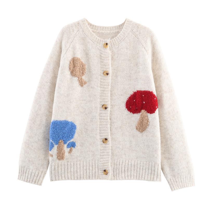 Damen Strickjacke mit bunten Pilzmotiven und bequemen Knopfdetails Drune