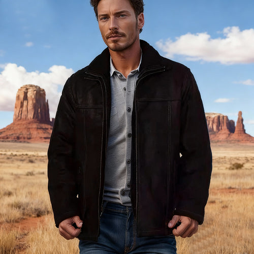 Herren Kurze Wildleder-Fieldjacke mit Stehkragen, verdecktem Reißverschluss und markanten Ziernähten Drune