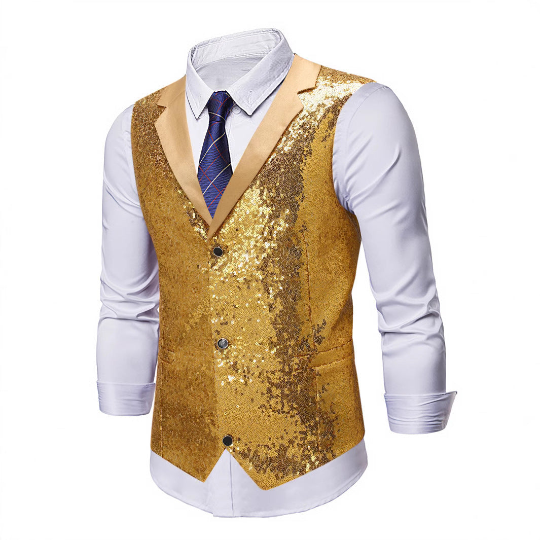 Herren Glänzende Pailletten‑Weste mit Satin‑Revers und taillierter Silhouette Drune