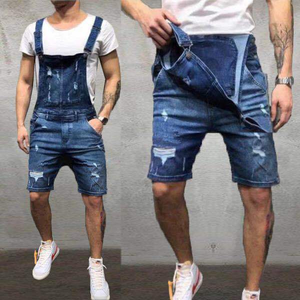Herren Denim Latzshorts im modernen used Look mit verstellbaren Trägern Drune