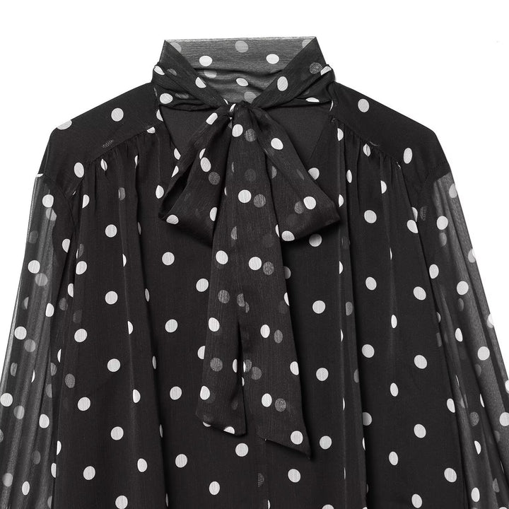 Damen transparente Bluse mit Schleifenkragen im Polka-Dot-Design Drune