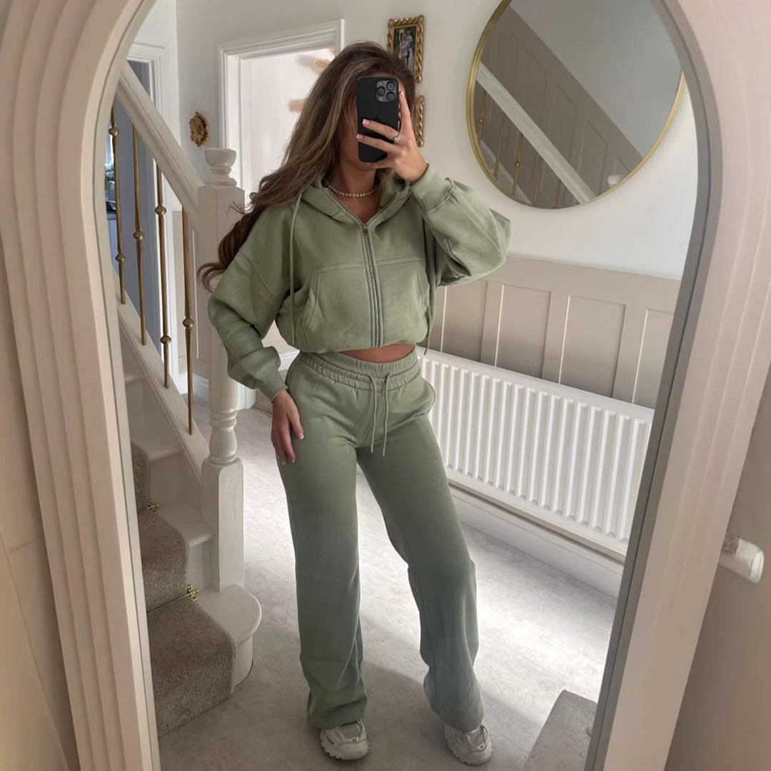 Damen lässiger Zip-Hoodie und weit geschnittene Jogginghose Set Drune